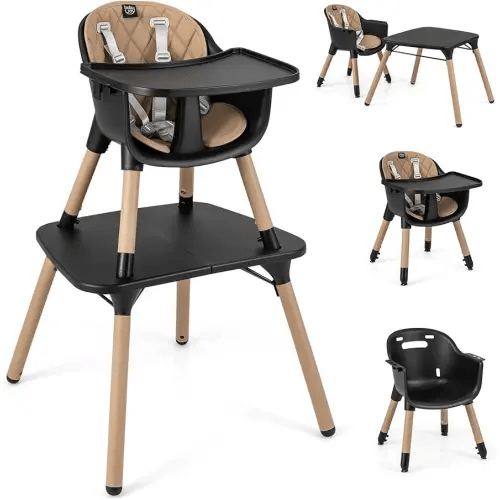 BABY JOY High Chair, 5 in 1 Convertible Highchair for Babies & Toddlers | Booster Seat | Table and Chair Set | Infant Feeding Chair with Removable Tray, Safety Harness, Removable Cushion (Brown)