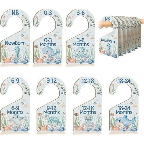 7 PCS Under The Sea Closet Dividers for Baby Clothes, Wooden Ocean Animal Nursery Wardrobe Organizer with Double-Sided Size Labels for Newborn to 24 Months, Coastal Baby Room Decor