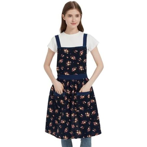 Cotton Floral Pinafore Apron for Women with Pockets Vintage Chef Aprons for Kitchen Cooking Baking Gardening Cute Dress