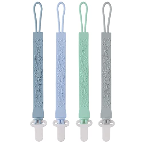 4-Pack Silicone Pacifier Clips with One-Piece Beads for Baby Boys and Girls - Flexible and Rust-Free Holders for Teething Relief and Baby Essentials, Safe for Newborns (Flat, Grey)