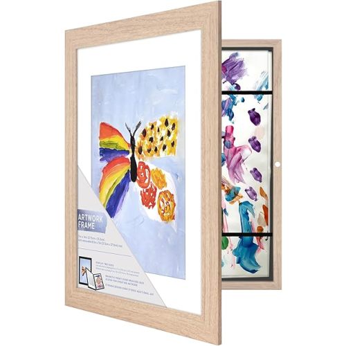MCS Kids Art Frame 11x14 Matted with 8.5x11 Opening, Natural Woodgrain Changeable Magnetic Picture Frame Kids Artwork Storage Display for Walls (1-Pack)
