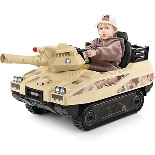 Costzon Kids Ride On Tank, 12V 12AH Battery Powered Toy Tank w/Rubber Tracks, Rotatable Turret & Working Cannon, Music, Wireless Design, 8 Missiles, Kids Ride on Car, Gift for Kids Aged 37-95 Months