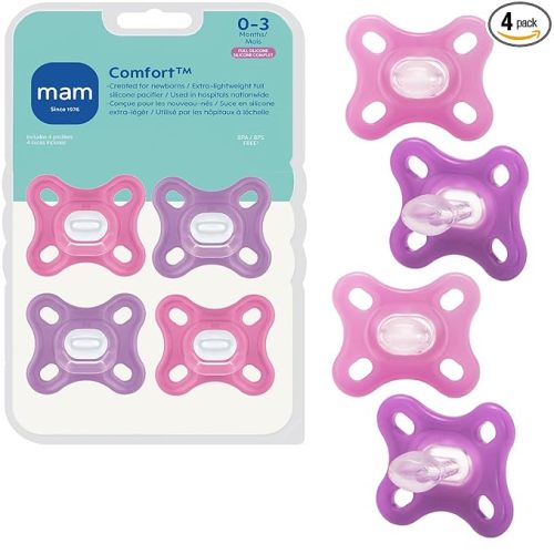 MAM Comfort Baby Pacifiers 0-3 Months Newborns, Lightweight One-Piece Full Silicone Binky, BPA-Free Nipple, Easy to Clean Pacifier, Best for Breastfed Babies, 4 Count, Made in Europe