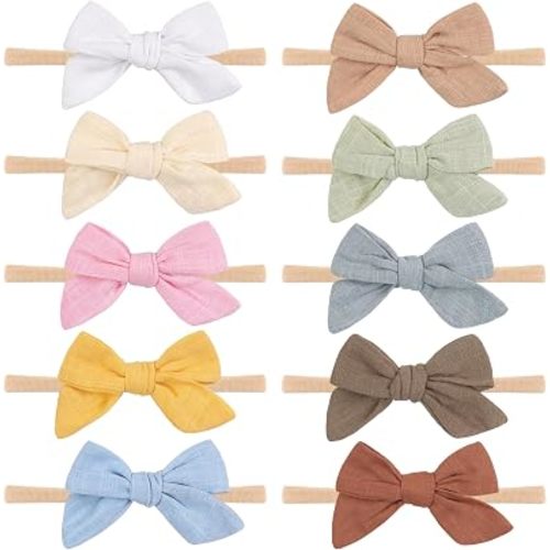 CÉLLOT 10PCS Baby Girls Headbands 3.5 Inch Hair Bows Soft Nylon Cotton Linen Hairbands Handmade Hair Accessories for Newborn Infant Toddlers Little Girl and Kids