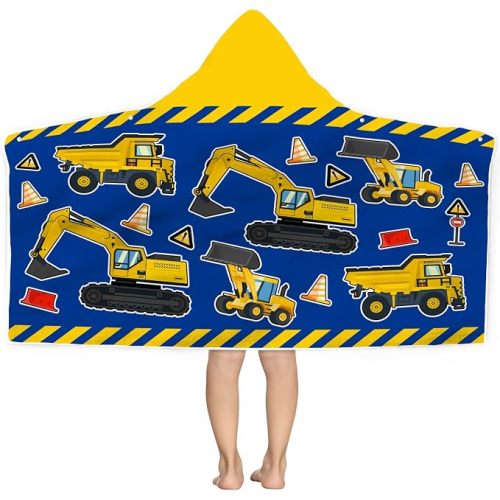 Kids Beach Towel With Hood - Excavators Vehicles Engineering Theme for Boys Girls, Microfiber Soft Bath Poncho Bathrobe Wrap Robe for Swim Pool - Cool Children's Gift