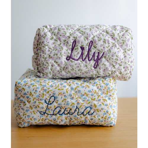 Custom name flower makeup bag quilted embroider cosmetic pouch travel toiletry organizer cotton floral travel bag bridesmaid momteacher gift