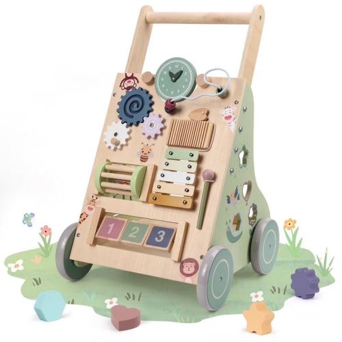 GOTGELIF Wooden Learning Toy Baby Walker, Montessori Toddler Push Walker with Activity Center, Adjustable Height & Speed