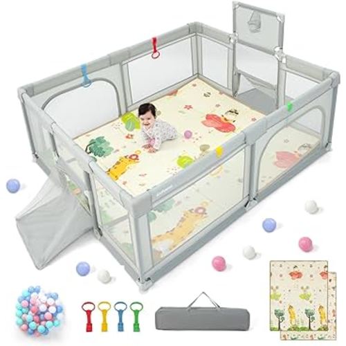 INFANS Baby Playpen, 74” x 62” Extra Large Baby Play Yard with Crawling Mat, 50 Ocean Balls, 4 Pill Up Rings, Basketball Hoop and 2 Football Gates for Toddlers, Indoor Activity Center (Light Gray)