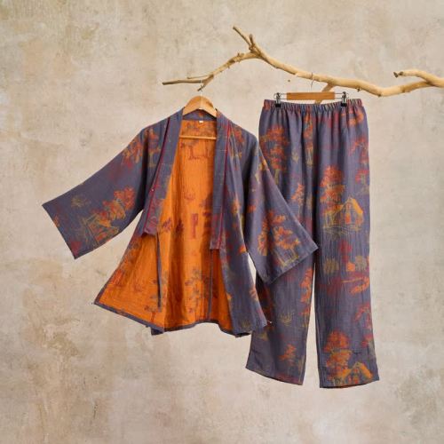 Neutral Pajama Set in Kimono Style (100% Cotton) – ownkoti