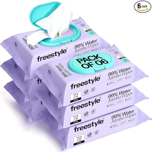 Freestyle Soft Jumbo Baby Wipes, Hypoallergenic and Unscented, Water-Based Wet Wipes for Babies, Finely Suited for Sensitive Skin, Thick & Oversized, Pack of 6, 72 Wipes Per Pack