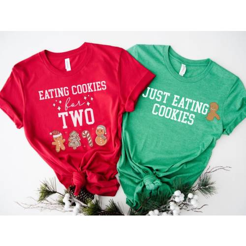 Eating Christmas Cookies For Two,Couples Christmas Pregnancy Announcement Shirt,Maternity Christmas Tee,Baby Reveal Shirt,Pregnant Christmas