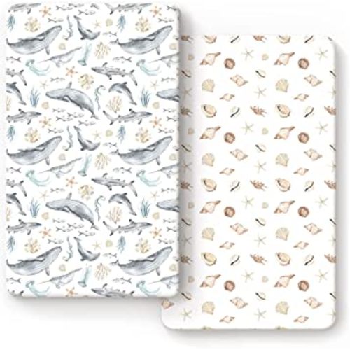 GRSSDER Stretchy Ultra Soft Jersey Knit Fitted Crib Sheets Set 2 Pack, Fit All Standard Crib Mattresses Safe and Snug, Beautiful Marine Organism for Boys and Girls