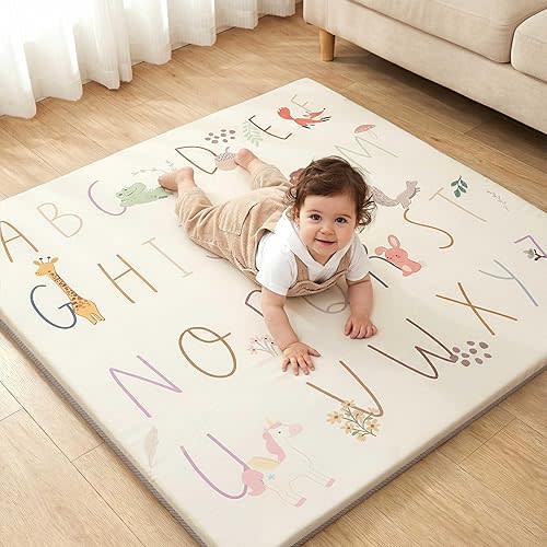Joypony Baby Play Mat for Floor 50x50, 1.5” Thick Vegan Leather Crawling Mat with Removable Cover, Waterproof Playpen Mat for Infants and Toddlers, Wipe-Clean Kids Playmat, ABC
