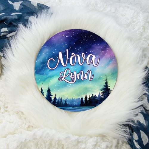 Northern Lights Round Wood Name Sign, Night Sky Baby Sign, Round Wood Baby Name Sign, Baby Announcement Sign, Aurora Skies, Baby Sign T74