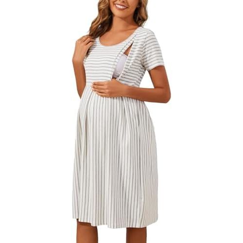 Ecavus Women's Nursing Dress Short Sleeve Hidden Zipper Maternity Breastfeeding Dress with Pockets