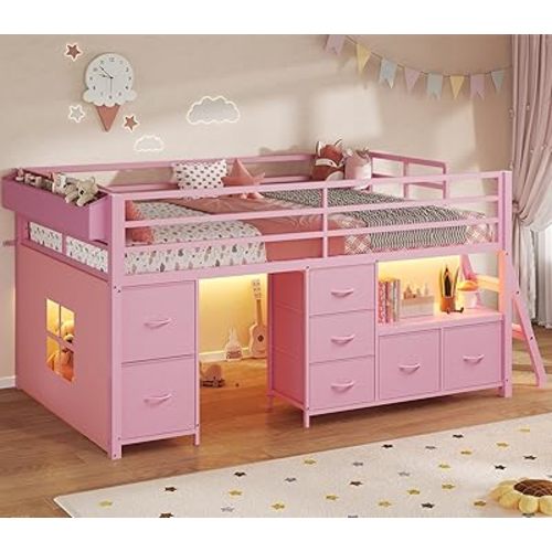 ADORNEVE Low Loft Bed Twin Size with 7 Storage Drawers, Bookcase and LED Lights, Metal Kids Loft Bed with 14" H Safety Guardrail,Inclined Ladder and Play Curtain, Under-Bed Play Space,Pink