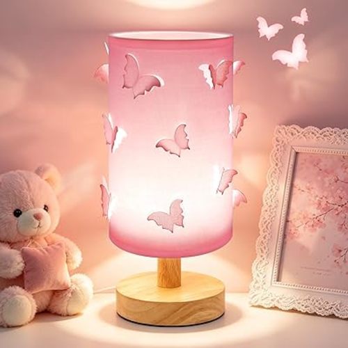 3D Butterfly Pink Table Lamp, Cute Princess Lamp for Girls Bedroom, 3-Color Dimmable Light with Wood Base & Adjustable Brightness, Kids Teen Decor Table Lamp for Living Room and Bedside (Pink)