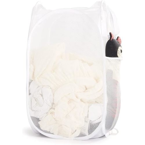TECHMILLY Collapsible Mesh Pop Up Laundry Hamper with Sturdy Handles and Side Pocket - Portable Foldable Clothes Baskets for Dorm, Bathroom & Travel Storage (White)