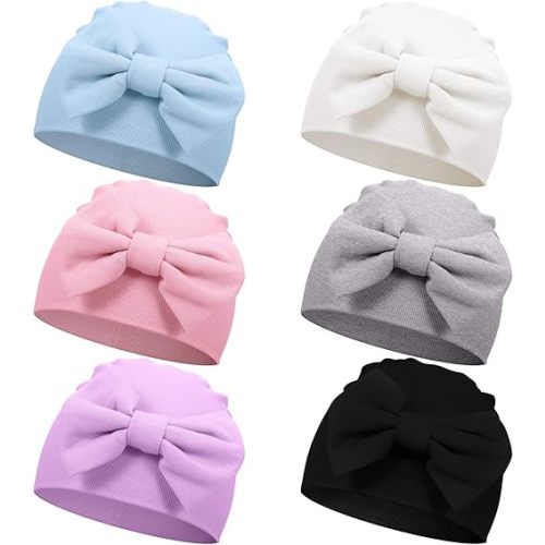 Geyoga 6 Pcs Newborn Hats Baby Beanie Cotton Hats Soft Newborn Baby Cap with Cute Bow for 0-6 Months Girls Unisex Baby
