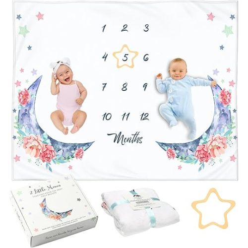 Twin Milestone Blanket - 60" x 40" Baby Gifts for Twins - Large Double Moon Floral Monthly Age Backdrop - Premium 250GSM Soft Fleece - Newborn Multiples Stuff & Shower Present