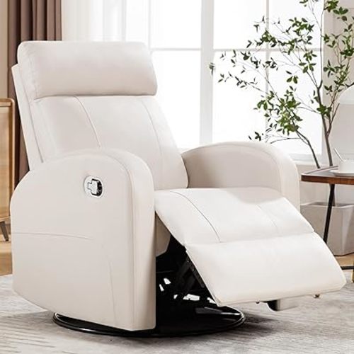 Swivel Rocker Recliner Chair, Manual Faux Leather Recliner, Glider Rocking Recliners 360°Swivel Nursery Reclining Chairs with Adjustable Headrest Highback for Living Room, Cream