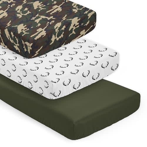 Sweet Jojo Designs 3-Piece Baby Crib Sheets Set (Woodland Camo Deer) for Boys, Infant Nursery, Toddler Room - Fitted, Standard Size (Solid Green, White/Black Antler & Forest, Rustic Beige/Black Plaid)