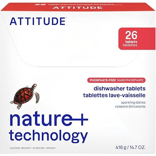 ATTITUDE Dishwasher Pods, Plant-Based & Vegan, Phosphate-Free Detergent Tablets, Naturally Derived, Unscented, 26 Count