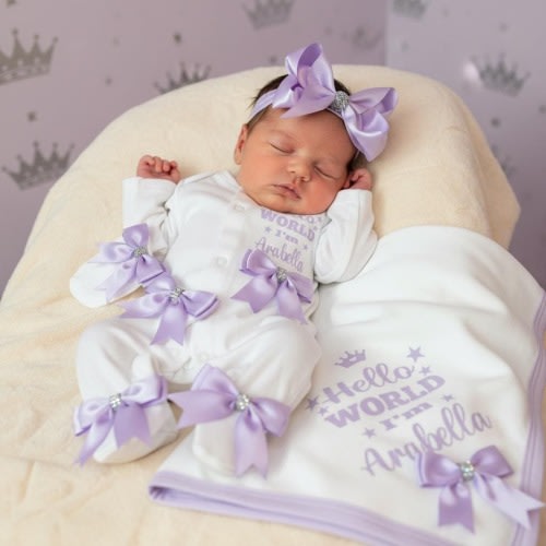 Newborn baby girl homecoming hospital outfit a FULL SET is a babygrow hat mitts headband  lilac bows. ADD a blanket or keepsake suitcase