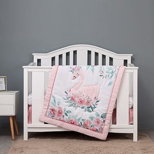 Hanbear 4 PCs Pink Floral Swan Theme Nursery Crib Bedding Set 1 Quilt 2 Fitted Sheet 1 Skirt Baby Girl Swan Themed Princess Girl Bedding Set, 28 x 52