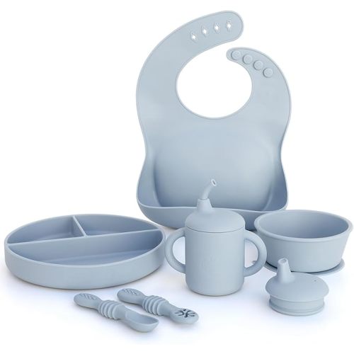 Feeding Essentials: Baby Led Weaning Supplies with Baby Plates, Silicone Bibs, Baby Spoons, Sippy Cups, Toddler Plates and Bowls Set - Baby Essentials - Baby Shower Gifts (Lake)