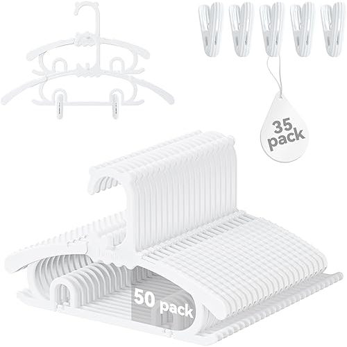 50 Pack Baby Hangers,with 35 Detachable Clips Adjustable 11.14"-15.55", Stackable Kids Closet Hangers, Two Bottom Grooves for Secure Clip Placement.Fits Newborns,Toddlers, Children & Teens(White)
