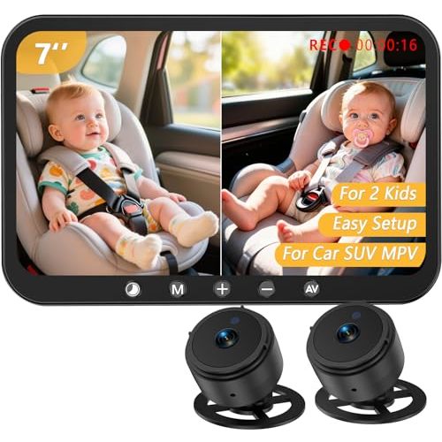 Dual Baby Car Camera for 2 Kids: 7-Inch 1080P Split-Screen Monitor with Recording Backseat Camera for Twins - USB Powered Clear Night Vision Easy to Install New - Baby Shower