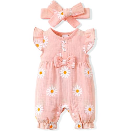 Renotemy Baby Girl Clothes Romper Infant Summer Bodysuit Outfits Cotton Linen Jumpsuits Newborn Essential Preemie Clothes