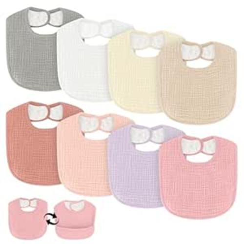 Drool Bibs for Baby Girls & Boys, 8 Pack Baby Muslin Bibs for Drooling and Teething with Hidden Pocket, Soft Cotton, Extra Absorbent, Mess-proof, for Toddler, Newborn, Infant