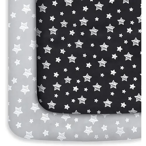 Mini Crib Sheets, 2 Pack Pack and Play Sheets, Stretchy Playard Fitted Sheet, Compatible with Graco Pack n Play, Soft and Breathable Material, Grey & Black