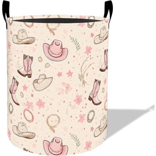Pink Cowgirl Laundry Basket Hamper 19.7"x15.8", Organizer Bins Gifts for Women Men Adults, Western Boots and Cowboy Hat Foldable Waterproof Oxford Clothes Storage Bucket for Bedroom Bathroom Decor