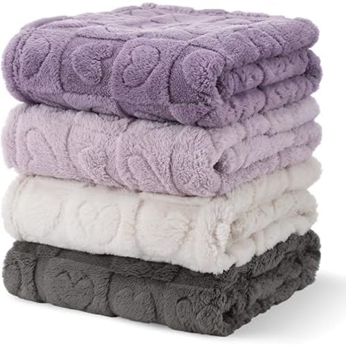 4Pcs Baby Blanket Heart Checkered,Plush Fluffy Fleece,Purple Set