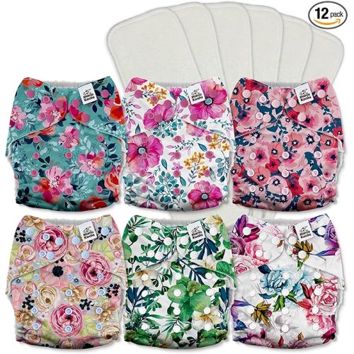Mama Koala 3.0 Pocket Cloth Diapers for Babies with AWJ Lining, 6 Pack with 6 5-Layer Natural Cloth Diaper Inserts - Reusable and Washable Pocket Diapers(A-Bloomin' Lovely)