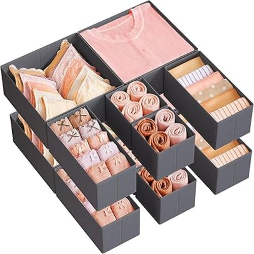 SONGMICS Drawer Organizers, Dresser Divider Organizers, Set of 12, Foldable Fabric Storage Boxes for Socks, Underwear, Bras, Ties, Scarves, Slate Gray URDZ006G03