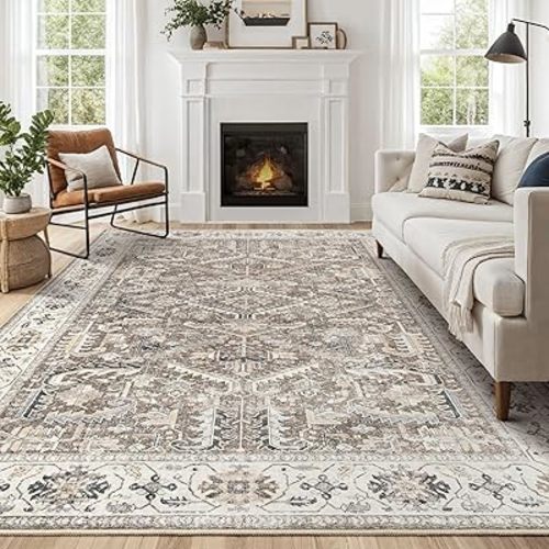 Area Rugs 7x9 for Living Room - Washable Soft Large Vintage Rug Non-Slip Stain Resistant Traditional Stain Resistant Indoor Floor Low Pile Carpet for Bedroom Dining Room or Home Office - Dark Brown