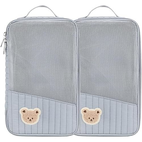 MOMIGO Baby Diaper Bag Organizer Pouches - 2 Pack Waterproof Pod Hanging Diaper Bag Cute Rabbit Bear Mesh Bag Reusable, Washable or Baby Cloth Diapers (Blue)