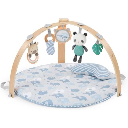 Ingenuity Cozy Spot Reversible Duvet Baby Play Gym & Play Mat with Wooden Toy bar - Elephant March (Neutral Safari), Newborn and up
