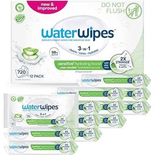 WaterWipes Hydrating Clean Baby Wipes, 99% Water-Based Formula with Aloe Vera to Hydrate & Clean Skin, Unscented & Hypoallergenic, 12 Resealable Packs (720 Wipes)