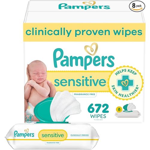 Pampers Baby Wipes, Sensitive, Water Based Wipe, Clinically Proven, Hypoallergenic, and Unscented for Babies, 672 Wipes Total (8 Flip-Top Packs) [Packaging May Vary]