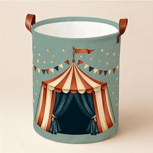 Circus Tent Laundry Basket 15.75 x 15.75 x 19.7 Inch Oxford Fabric Laundry Hamper with Handles Collapsible Fabric Laundry Basket Dirty Clothes Holder Organizer for Bedroom Bathroom Dorm Storage