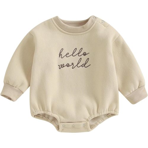 VISGOGO Newborn Infant Baby Boy Girls Oversized Romper Long Sleeve Outfit Hello World Beige 0-3 Months