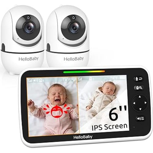 HelloBaby Baby Monitor with 2 Cameras, 6" World First Split Screen, No WiFi, 30H Battery, 355° Pan-Tilt-Zoom, Night Vision, VOX, 8 Lullabies, Temperature Alert, 1000ft Range, Portable for Travel