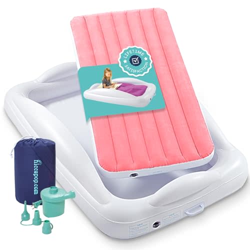 Hiccapop Inflatable Toddler Travel Bed with Safety Bumpers 4-Sided, Pink