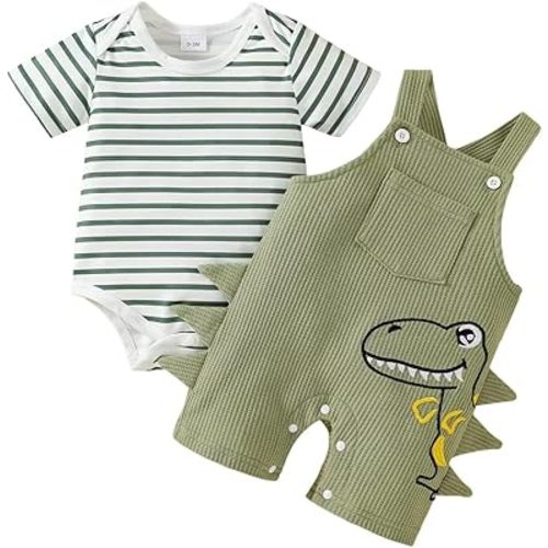 Baby Boy Clothes Infant Boys Summer Outfits Short Sleeve Striped Romper Cartoon Dinosaur Overall Set 0-18 Months