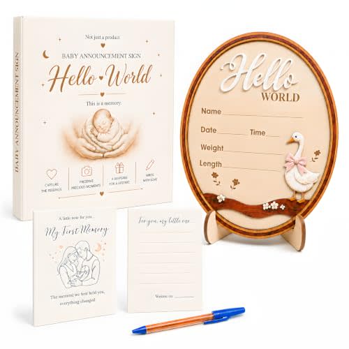 Baby Announcement Sign – Hello World Newborn Sign in 3D Wood with Sweet Pink Goose Detail for Hospital Photos, Nursery Décor & Baby’s First Precious Moments